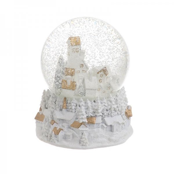 Χριστουγεννιάτικη Διακοσμητική Χιονόμπαλα Κουρδιστή Λευκή με Σπιτάκια (13cm)